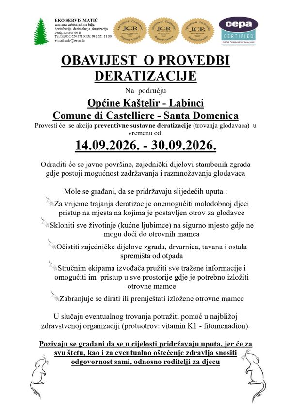 Obavijest o provedbi deratizacije - rujan 2026.